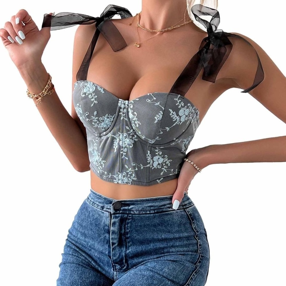 Floral Corset Top Lace Up Ribbon‎ Tie Bustier Crop Top Large adjustable Gray